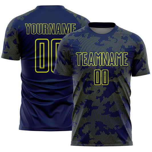 Custom Navy-Neon Yellow Curve Lines Sublimation Soccer Uniform Jersey - Main View