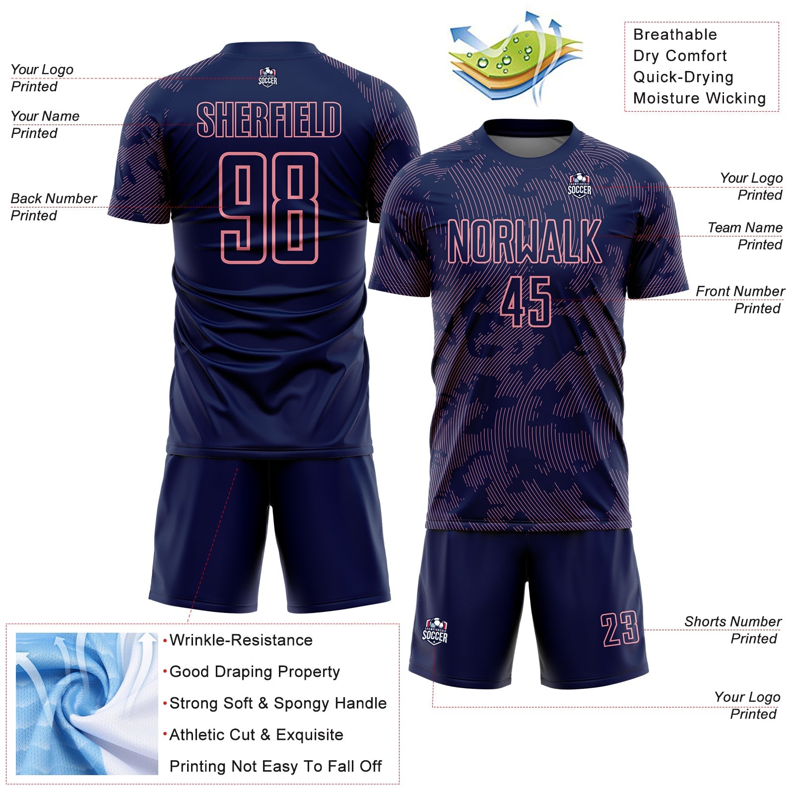 Custom Navy-Medium Pink Curve Lines Sublimation Soccer Uniform Jersey view 4