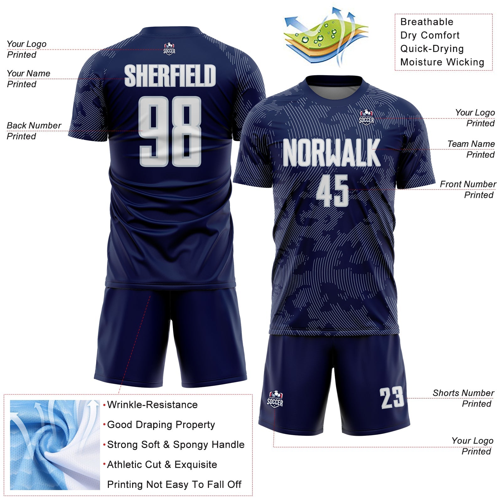 Custom Navy White-Silver Curve Lines Sublimation Soccer Uniform Jersey view 4