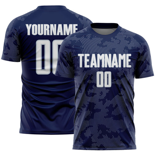 Custom Navy White-Silver Curve Lines Sublimation Soccer Uniform Jersey - Main View