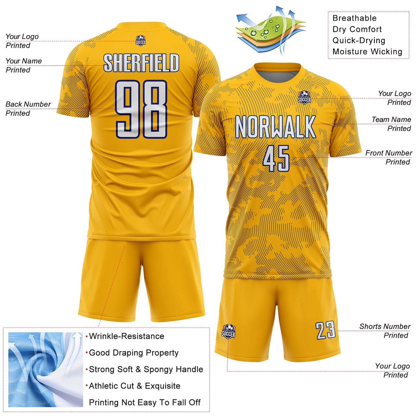 Custom Gold White-Royal Curve Lines Sublimation Soccer Uniform Jersey view 4