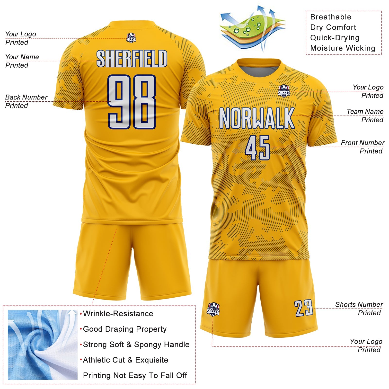 Custom Gold White-Royal Curve Lines Sublimation Soccer Uniform Jersey view 4