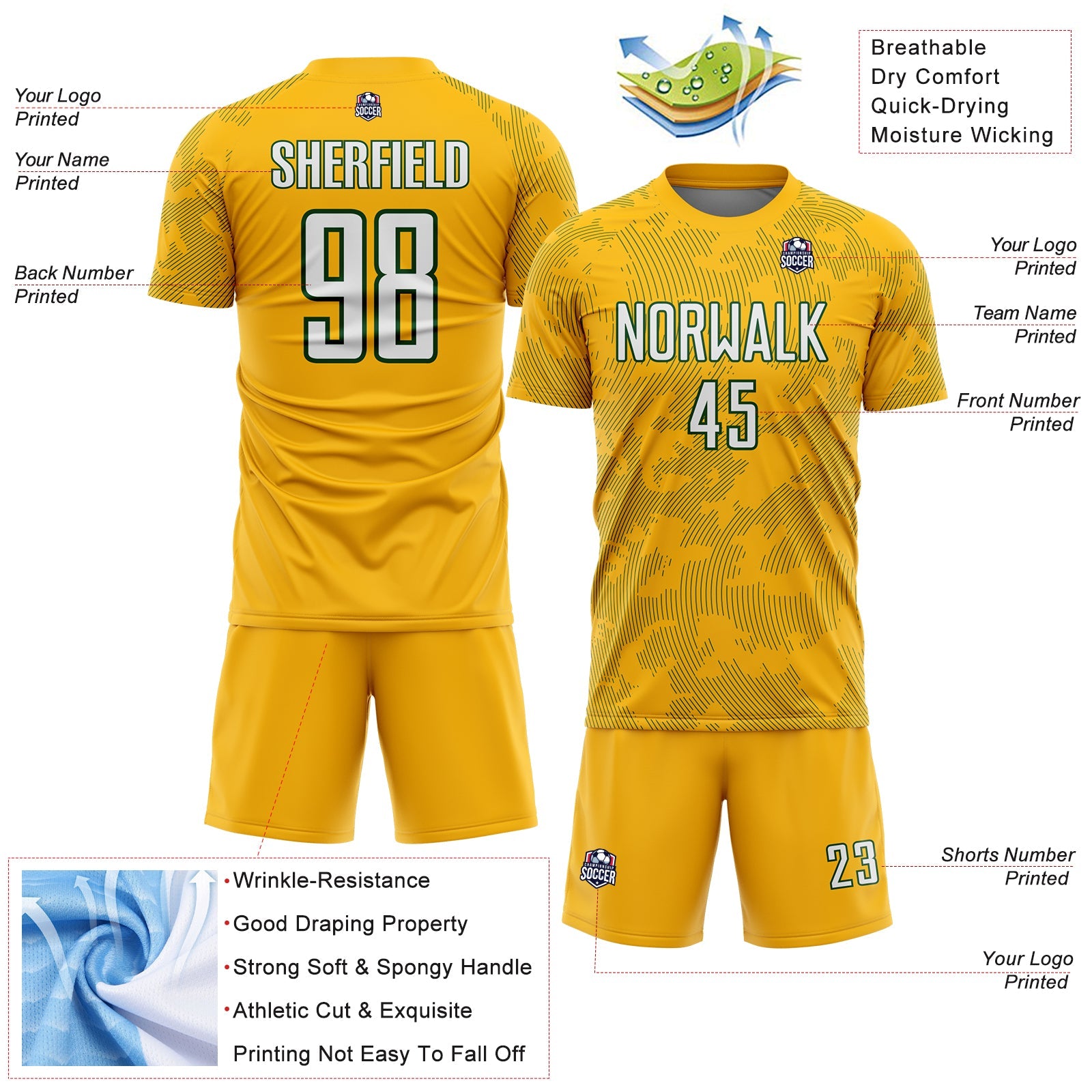 Custom Gold White-Green Curve Lines Sublimation Soccer Uniform Jersey view 4