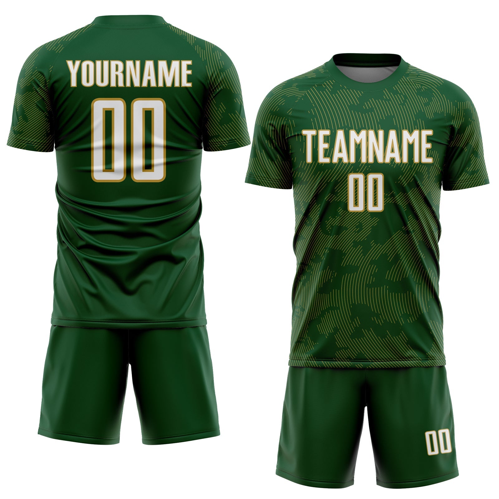 Custom Green White-Old Gold Curve Lines Sublimation Soccer Uniform Jersey view 2