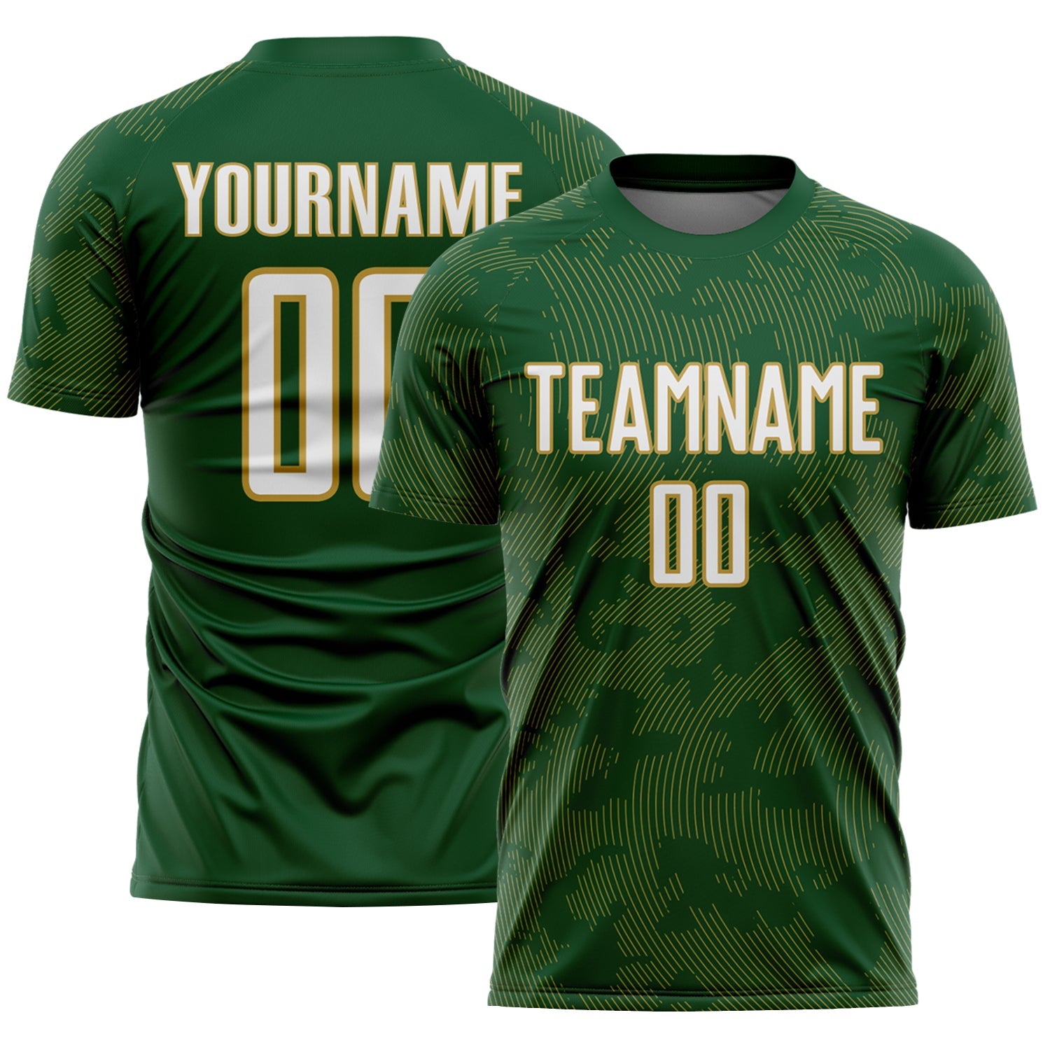 Custom Green White-Old Gold Curve Lines Sublimation Soccer Uniform Jersey - Main View