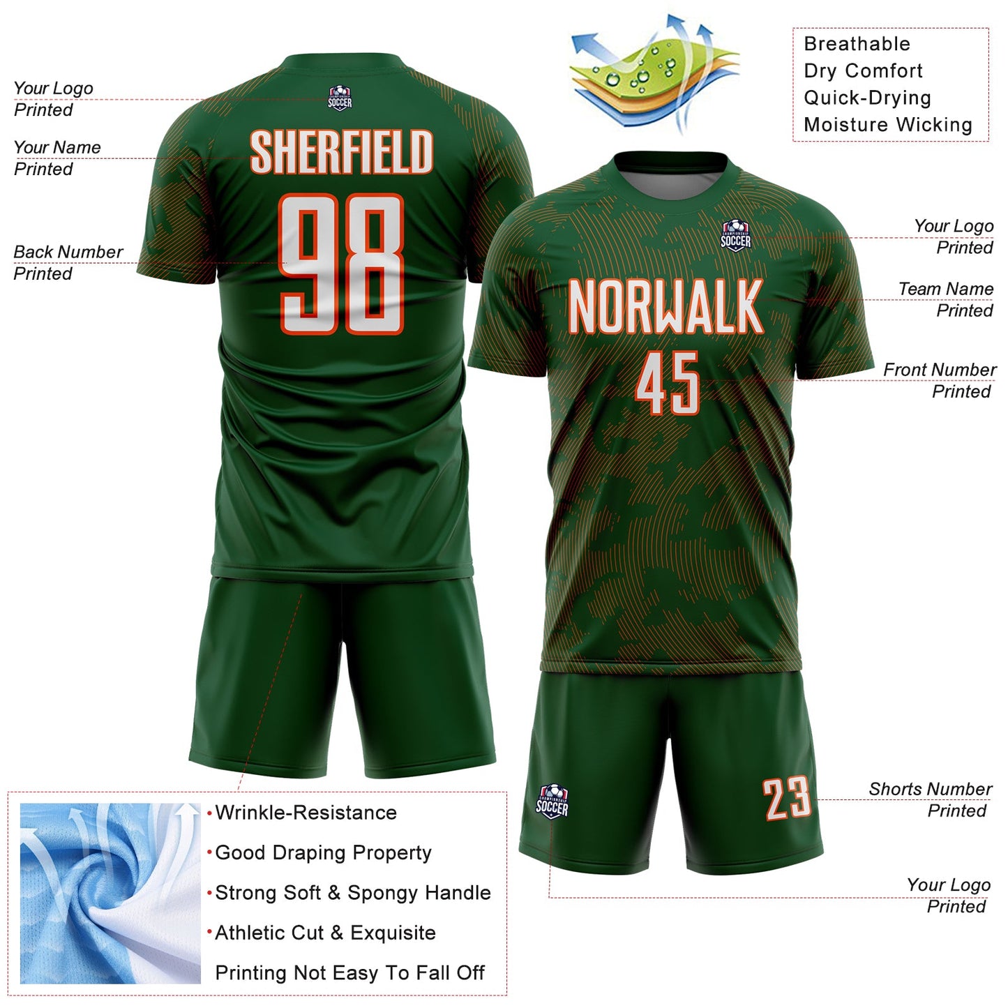 Custom Green White-Orange Curve Lines Sublimation Soccer Uniform Jersey view 4