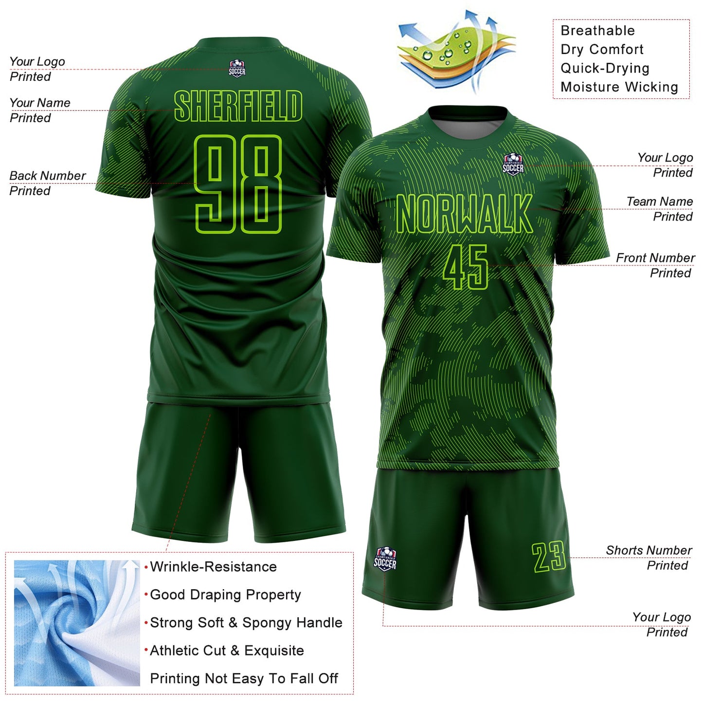 Custom Green-Neon Green Curve Lines Sublimation Soccer Uniform Jersey view 4