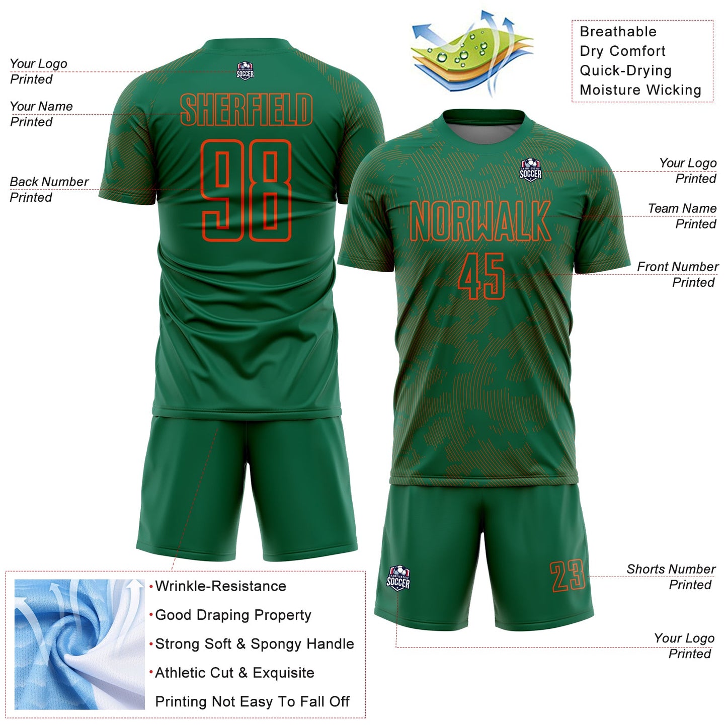 Custom Kelly Green-Orange Curve Lines Sublimation Soccer Uniform Jersey view 4