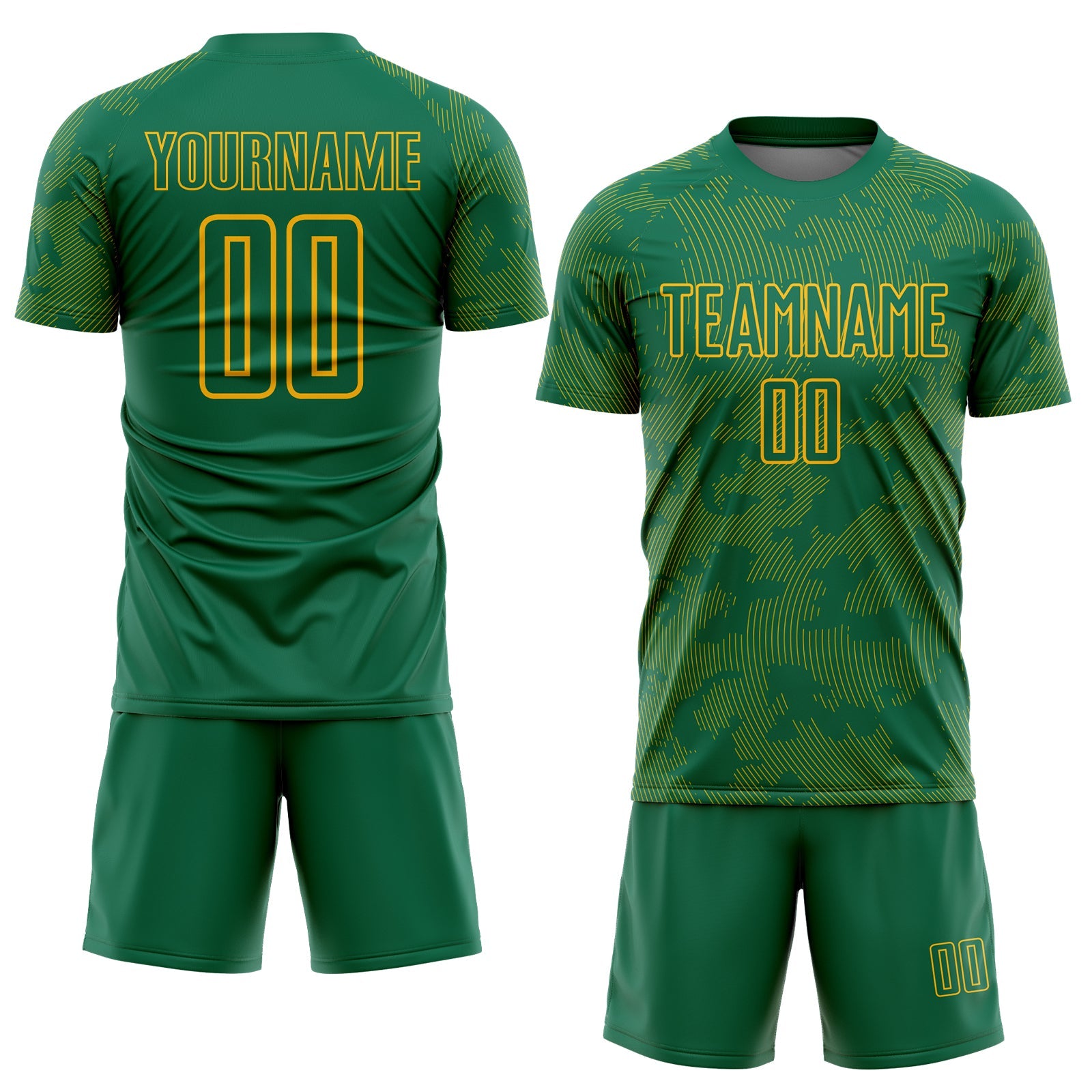 Custom Kelly Green-Gold Curve Lines Sublimation Soccer Uniform Jersey view 2