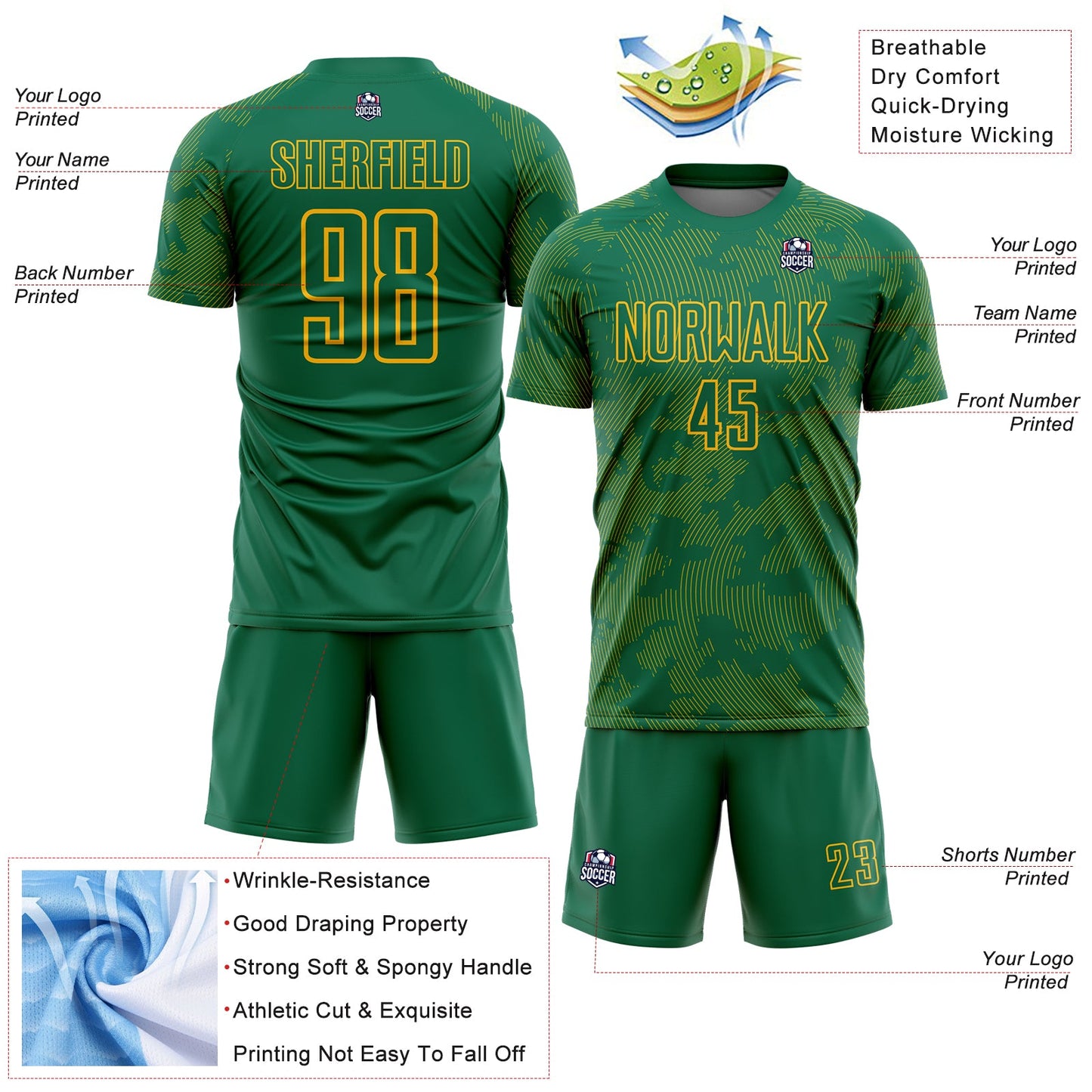 Custom Kelly Green-Gold Curve Lines Sublimation Soccer Uniform Jersey view 4