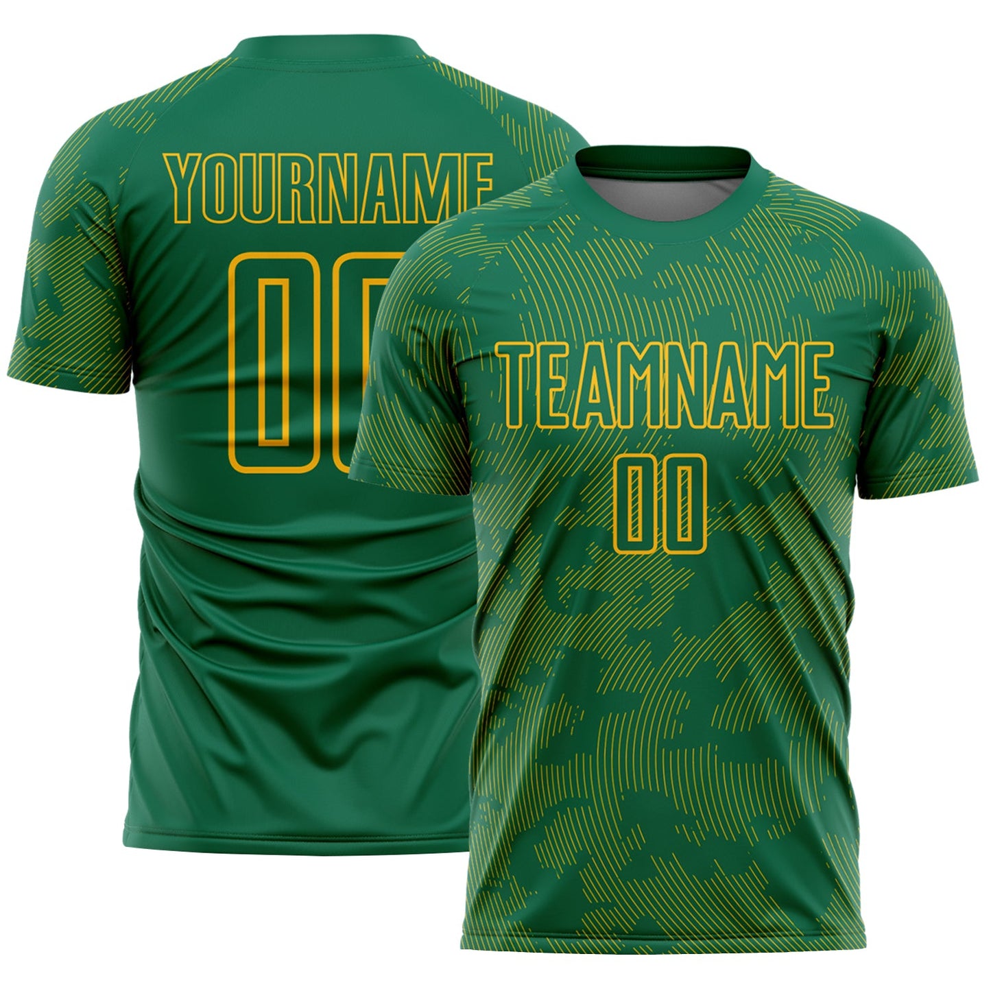 Custom Kelly Green-Gold Curve Lines Sublimation Soccer Uniform Jersey - Main View
