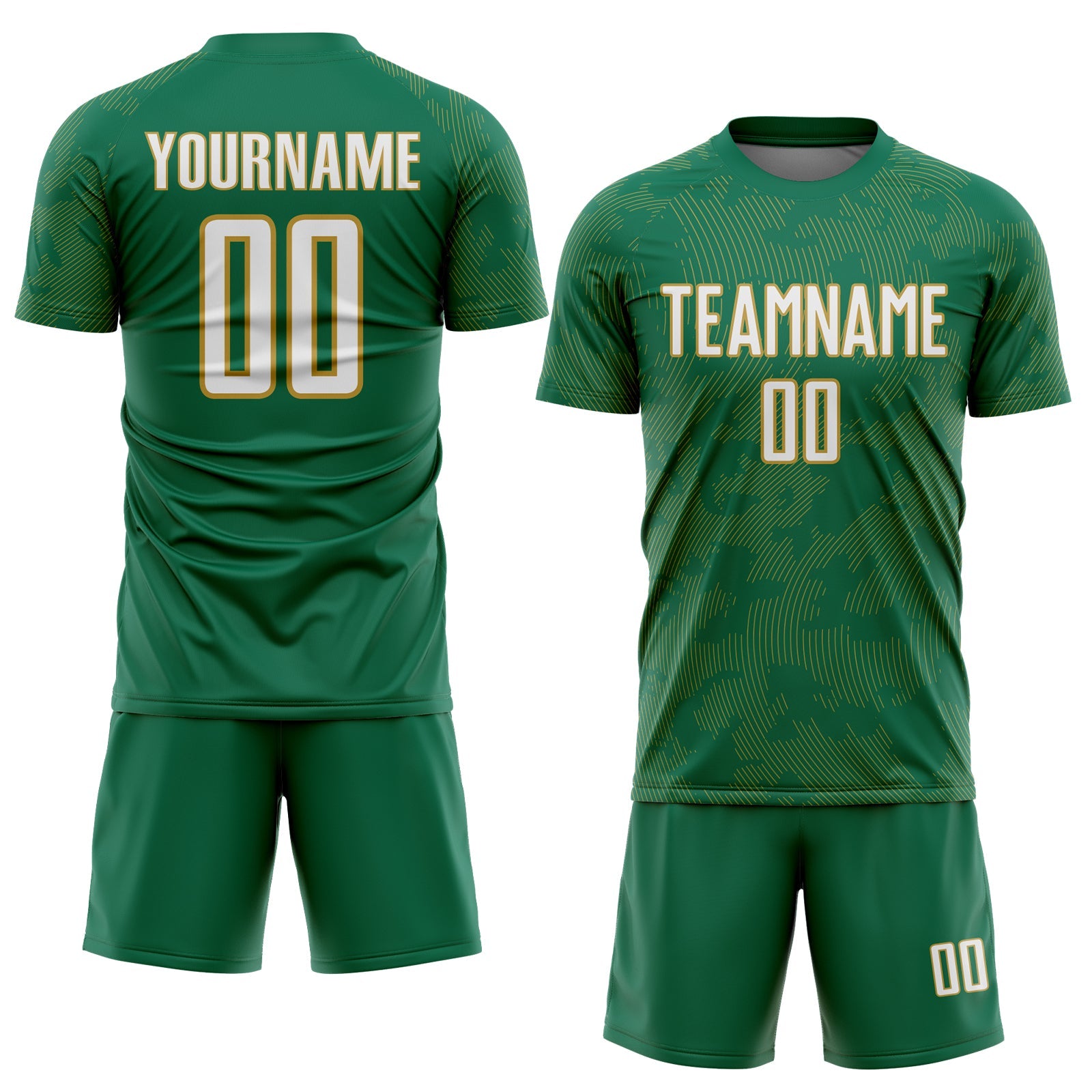 Custom Kelly Green White-Old Gold Curve Lines Sublimation Soccer Uniform Jersey view 2