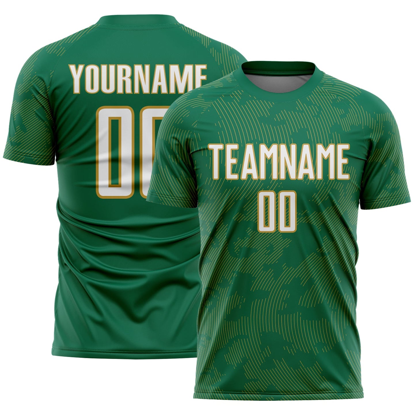 Custom Kelly Green White-Old Gold Curve Lines Sublimation Soccer Uniform Jersey - Main View