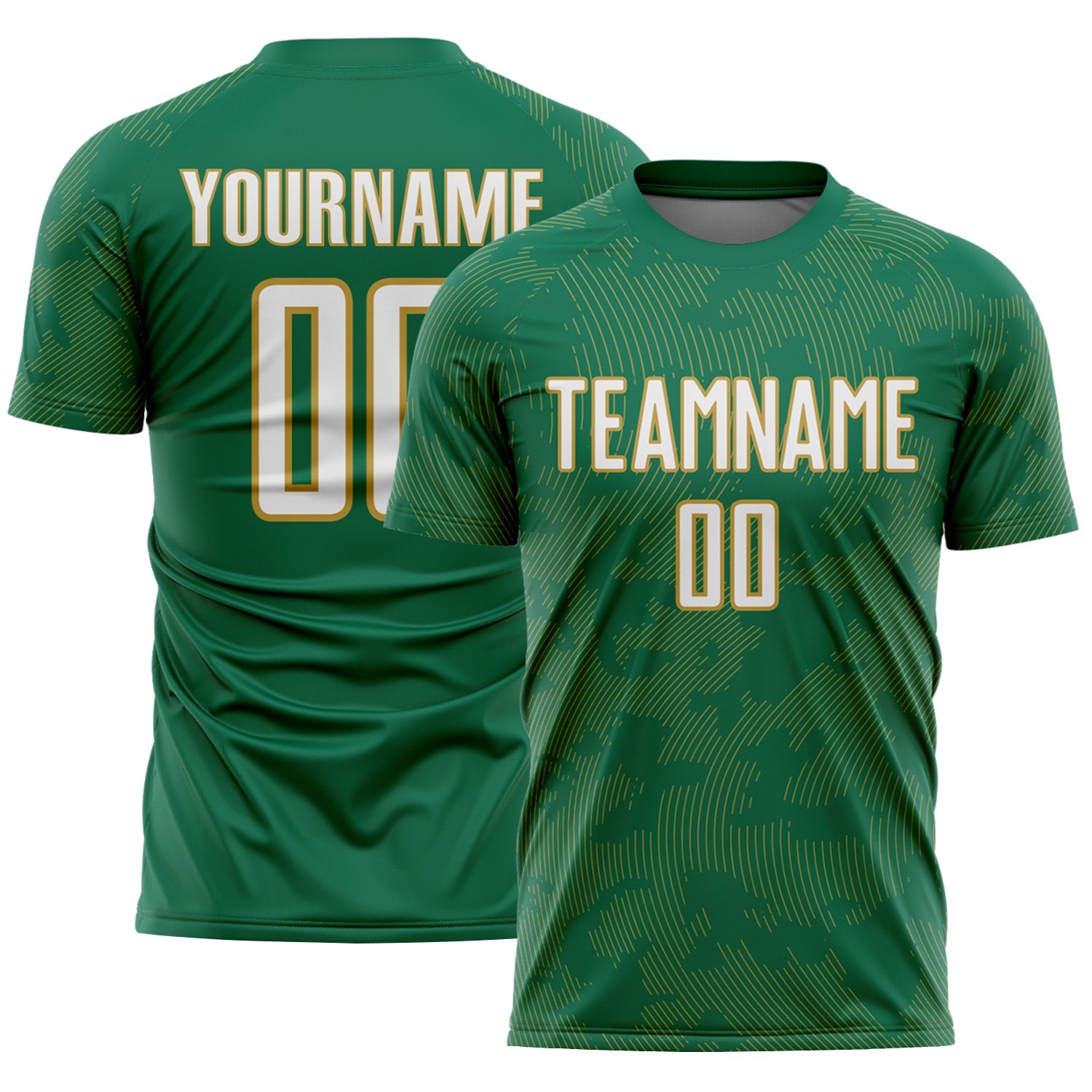 Custom Kelly Green White-Old Gold Curve Lines Sublimation Soccer Uniform Jersey - Main View