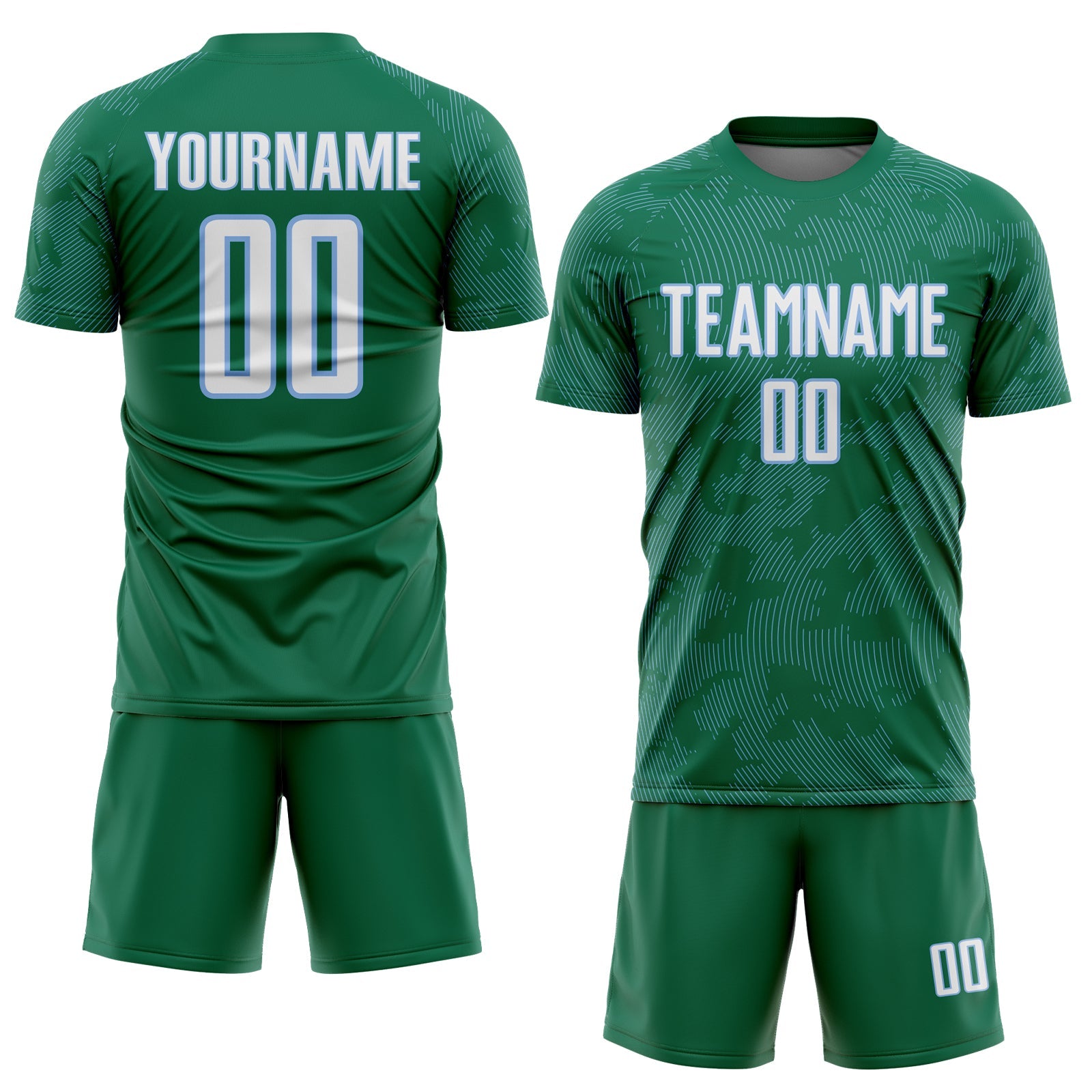 Custom Kelly Green White-Light Blue Curve Lines Sublimation Soccer Uniform Jersey view 2