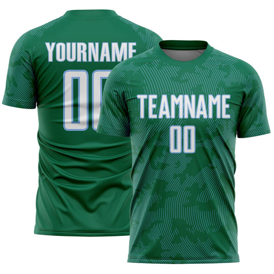 Custom Kelly Green White-Light Blue Curve Lines Sublimation Soccer Uniform Jersey - Main View