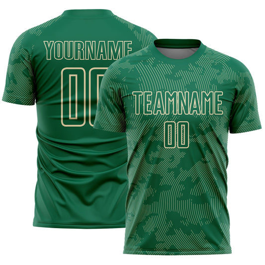 Custom Kelly Green-Cream Curve Lines Sublimation Soccer Uniform Jersey - Main View