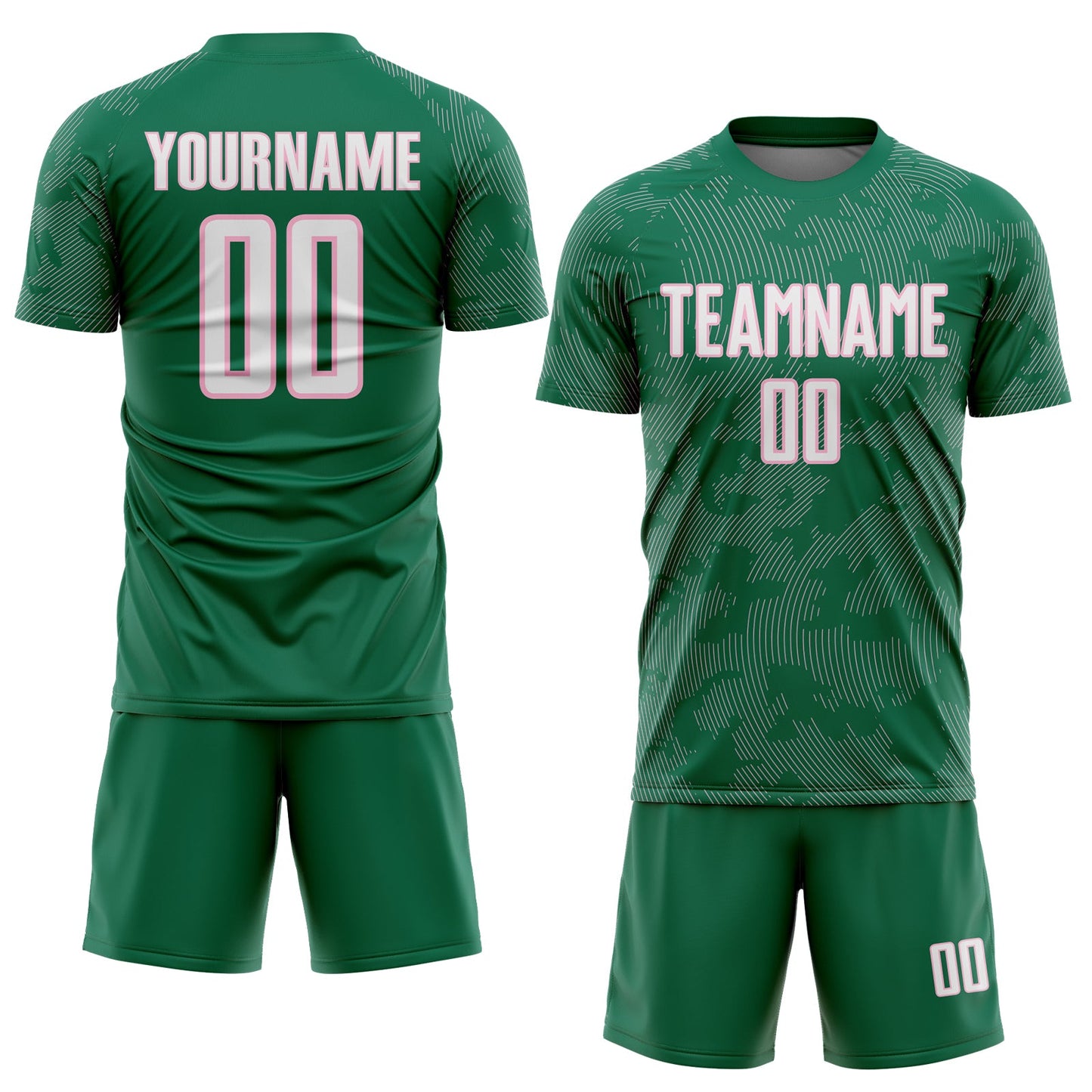 Custom Kelly Green White-Light Pink Curve Lines Sublimation Soccer Uniform Jersey view 2