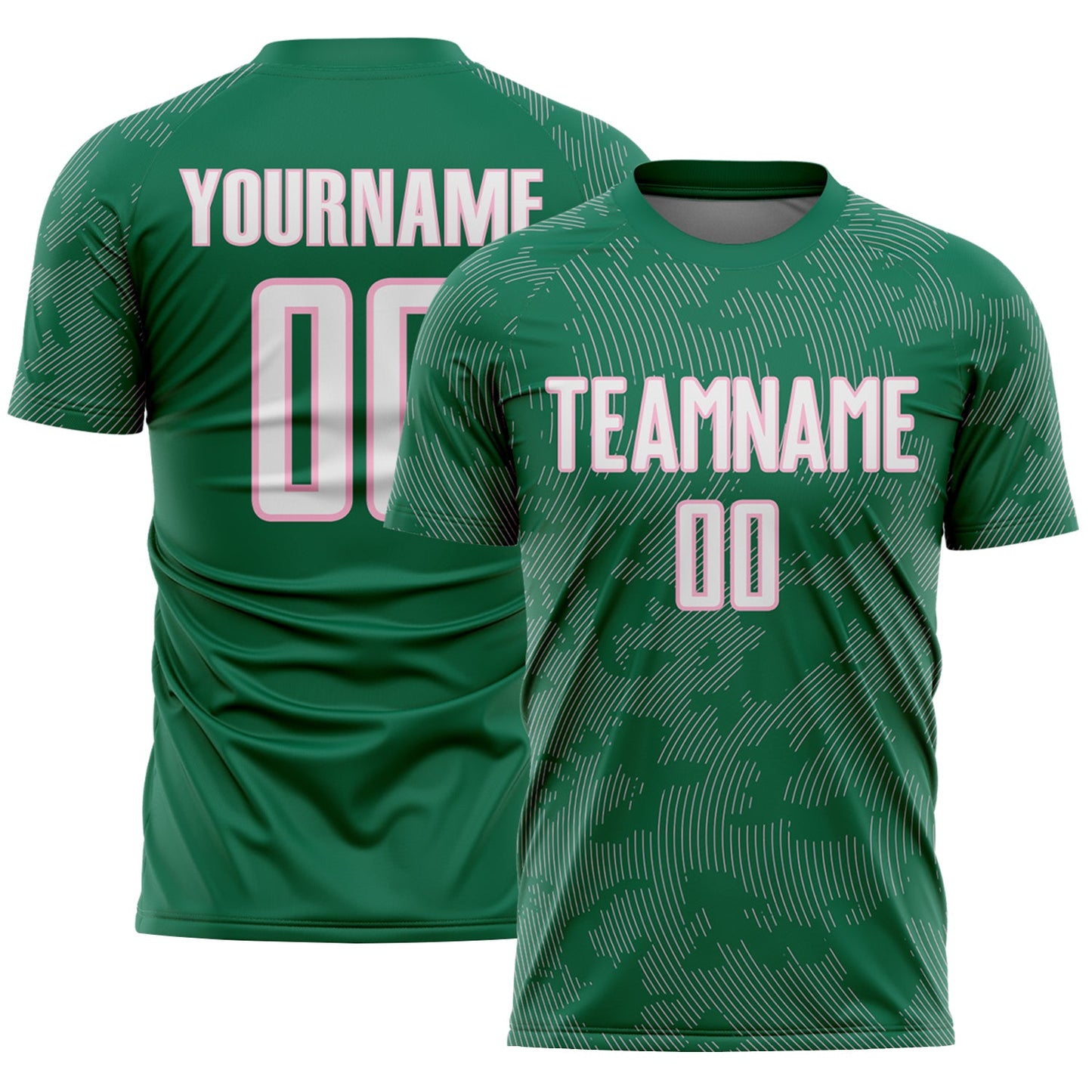 Custom Kelly Green White-Light Pink Curve Lines Sublimation Soccer Uniform Jersey - Main View