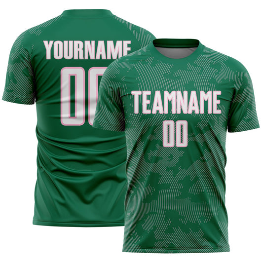 Custom Kelly Green White-Light Pink Curve Lines Sublimation Soccer Uniform Jersey - Main View