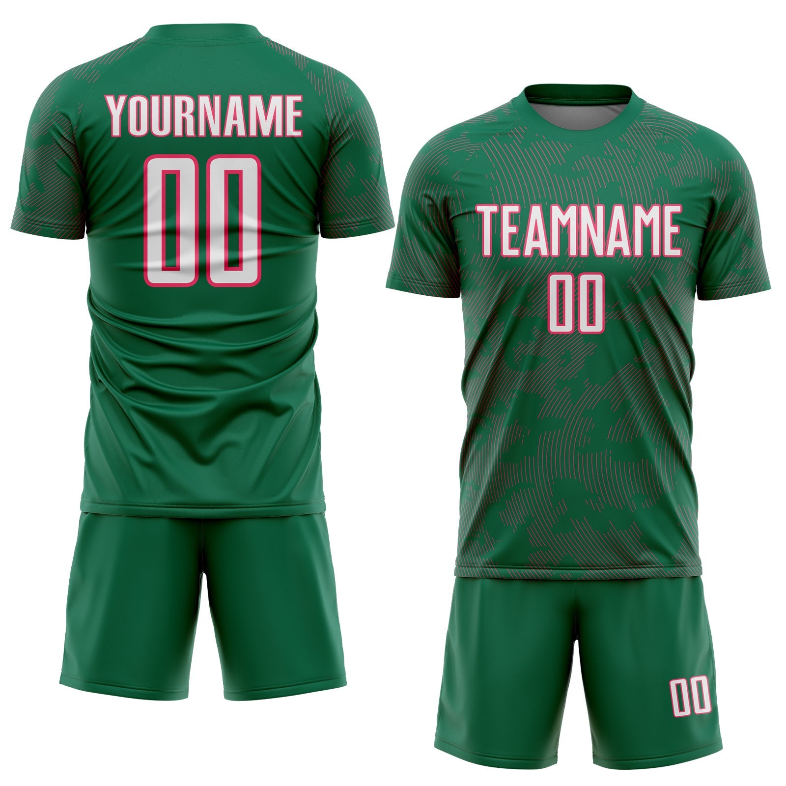 Custom Kelly Green White-Neon Pink Curve Lines Sublimation Soccer Uniform Jersey view 2