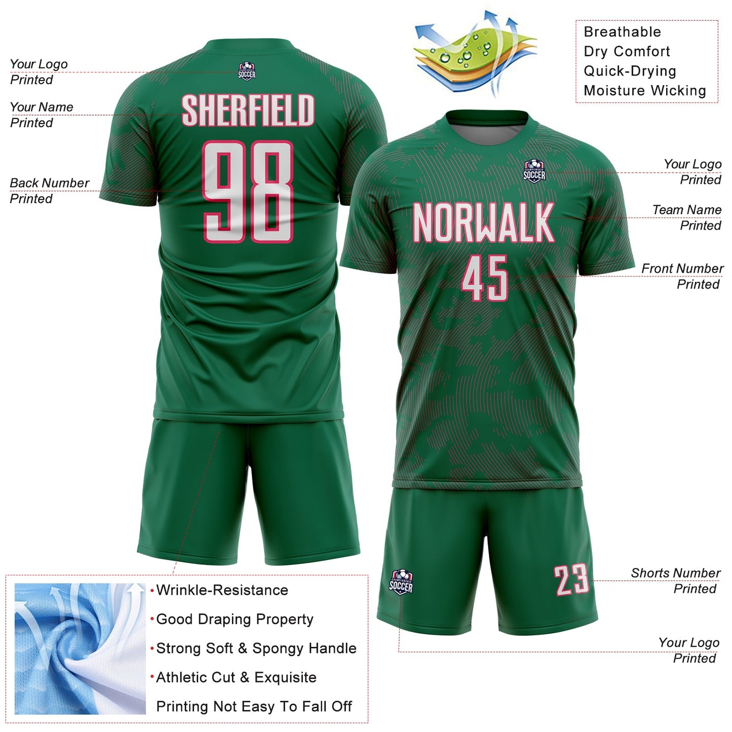 Custom Kelly Green White-Neon Pink Curve Lines Sublimation Soccer Uniform Jersey view 4