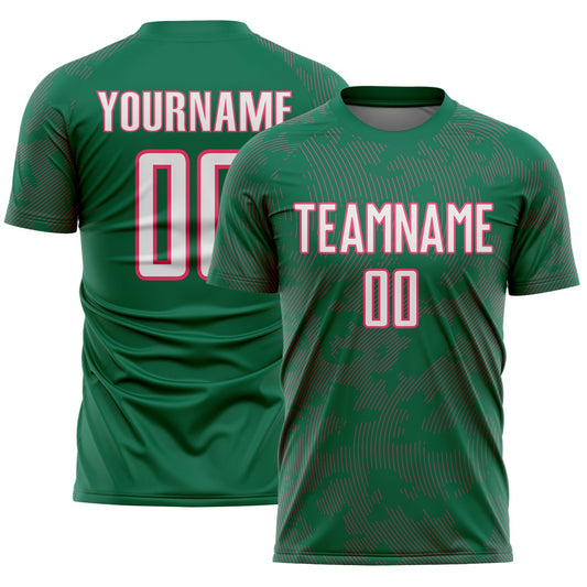 Custom Kelly Green White-Neon Pink Curve Lines Sublimation Soccer Uniform Jersey - Main View