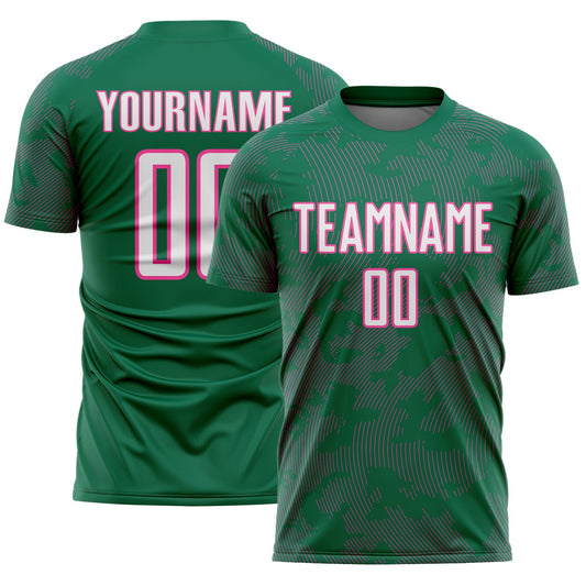 Custom Kelly Green White-Pink Curve Lines Sublimation Soccer Uniform Jersey - Main View