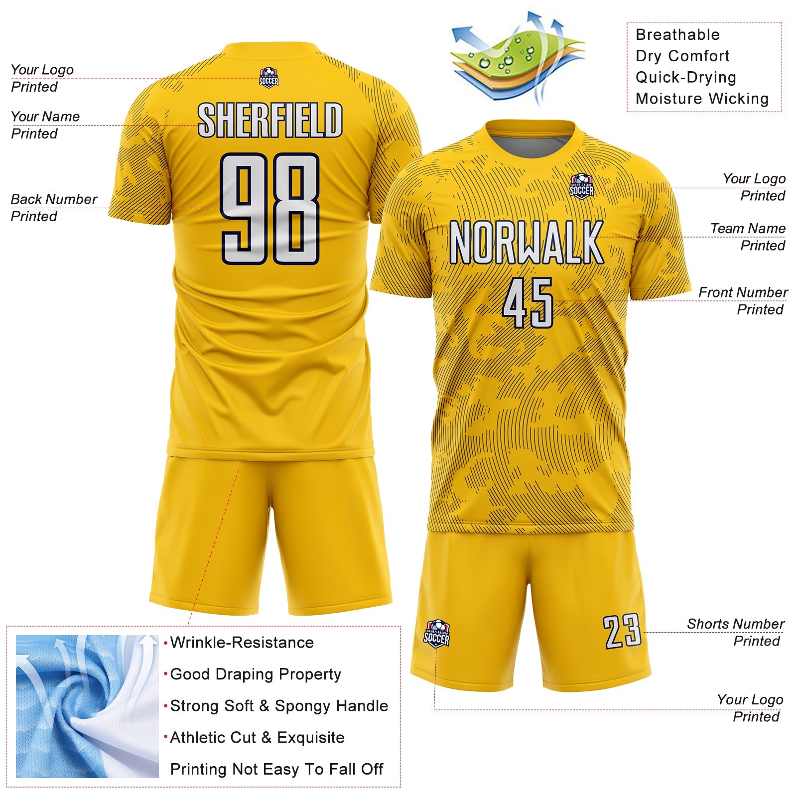 Custom Yellow White-Navy Curve Lines Sublimation Soccer Uniform Jersey view 4