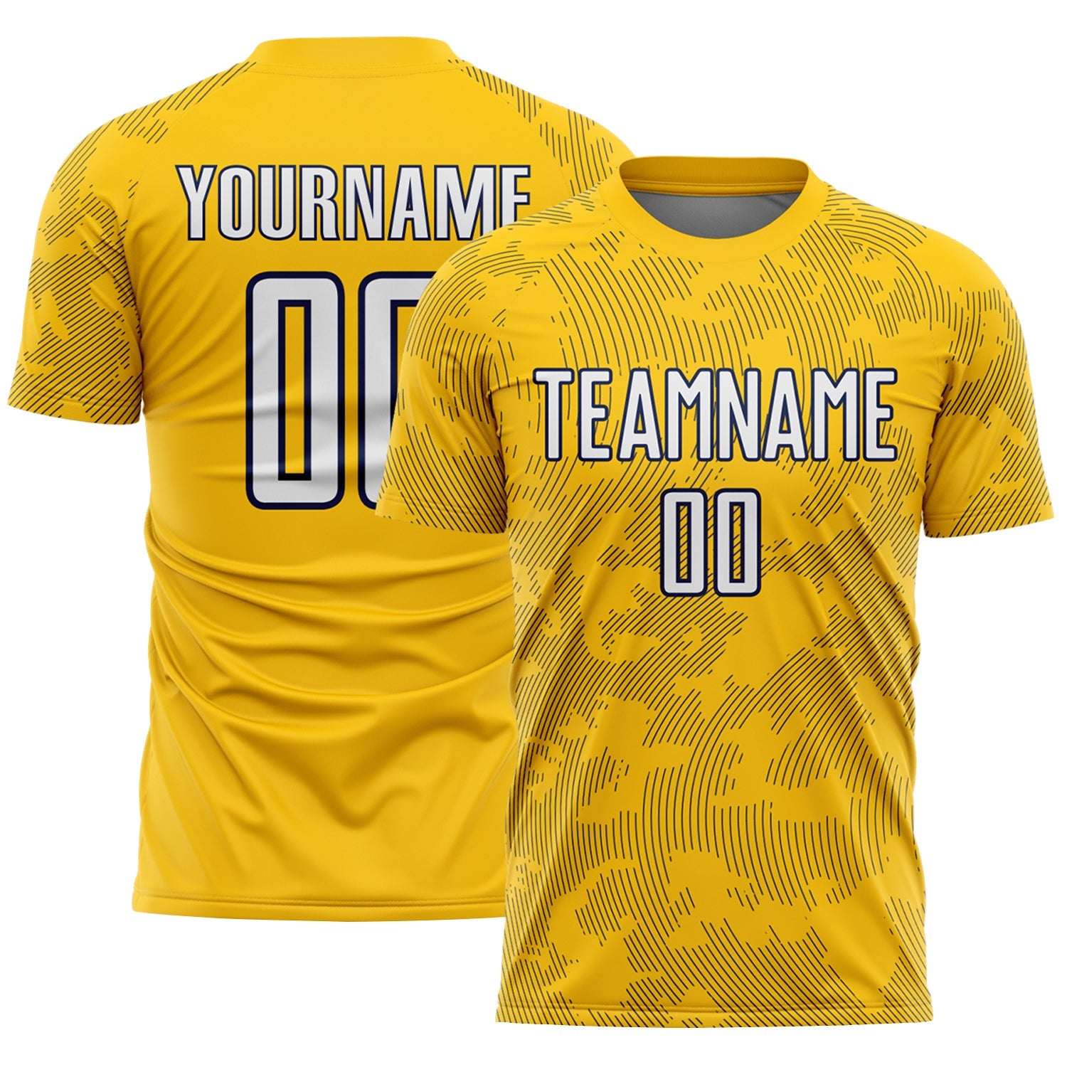 Custom Yellow White-Navy Curve Lines Sublimation Soccer Uniform Jersey - Main View