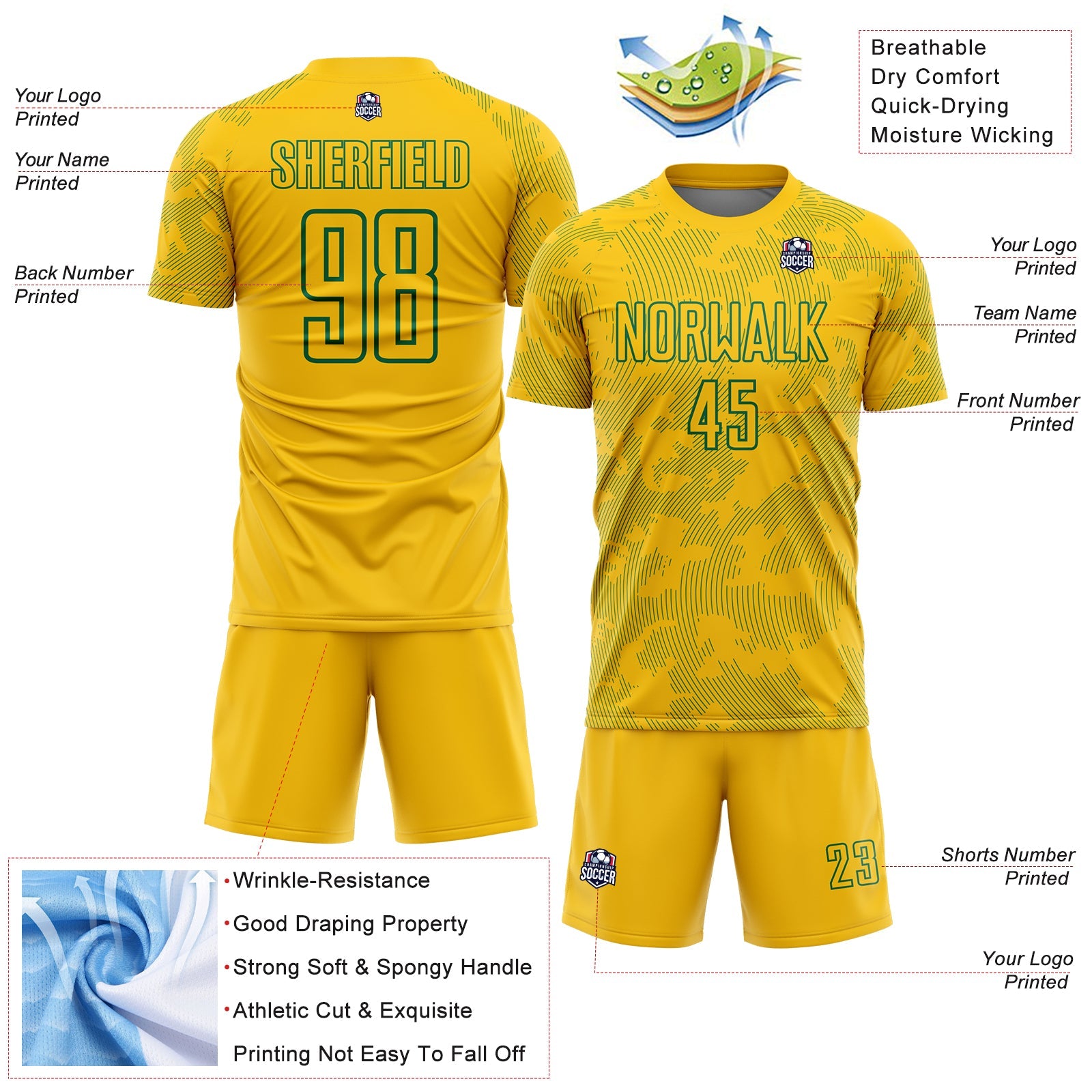 Custom Yellow-Kelly Green Curve Lines Sublimation Soccer Uniform Jersey view 4