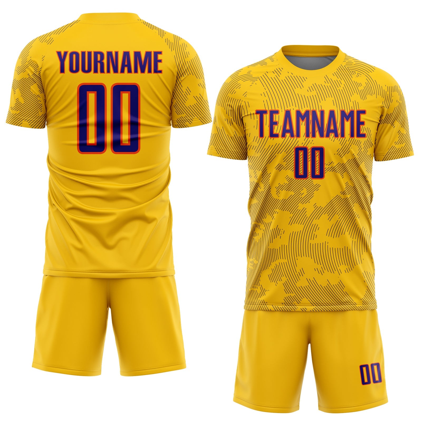 Custom Yellow Dark Purple-Orange Curve Lines Sublimation Soccer Uniform Jersey view 2