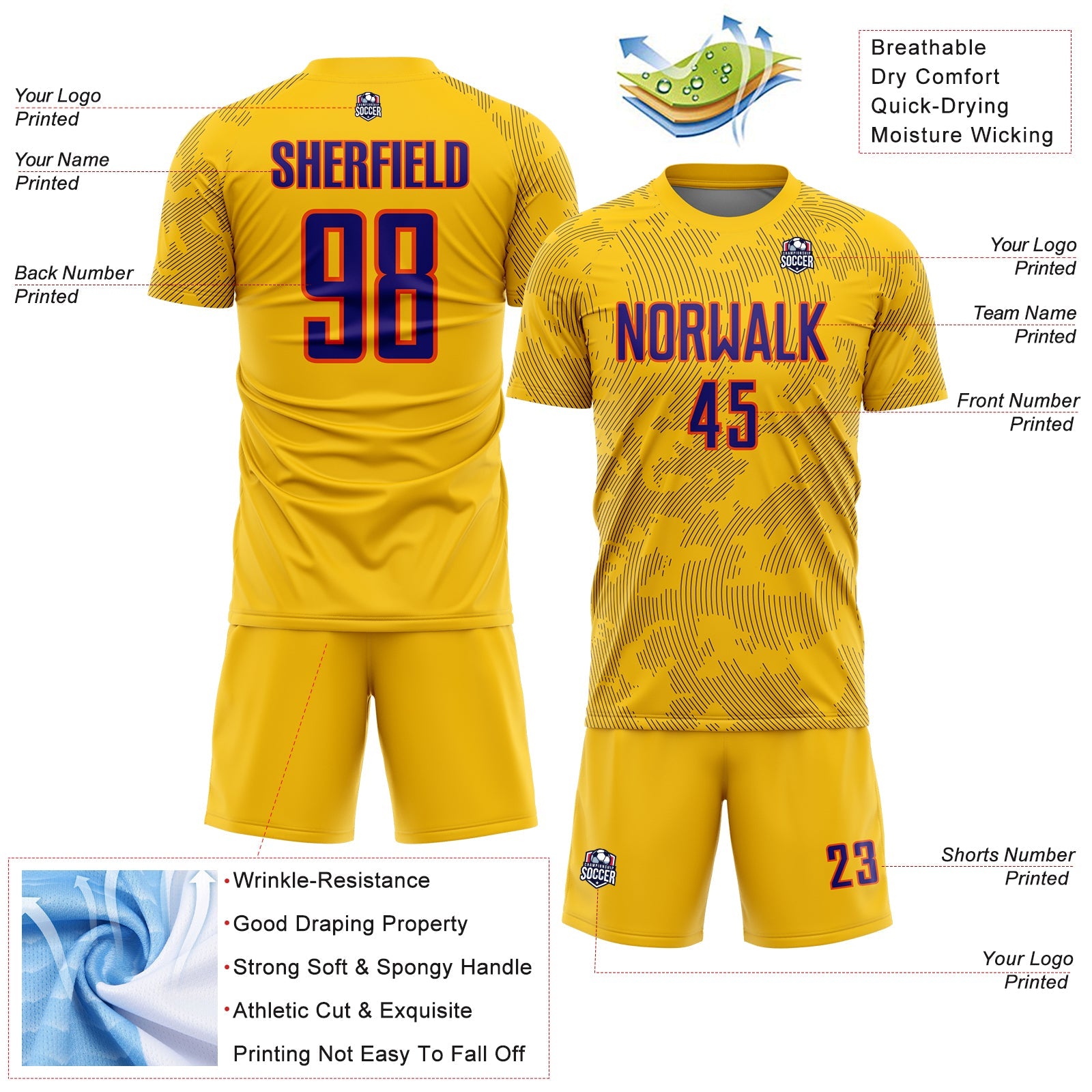 Custom Yellow Dark Purple-Orange Curve Lines Sublimation Soccer Uniform Jersey view 4