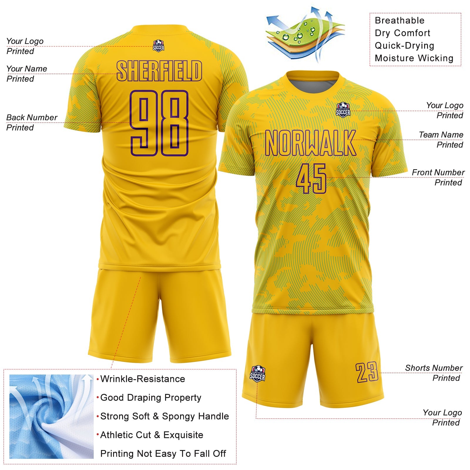 Custom Yellow Lakes Blue-Purple Curve Lines Sublimation Soccer Uniform Jersey view 4