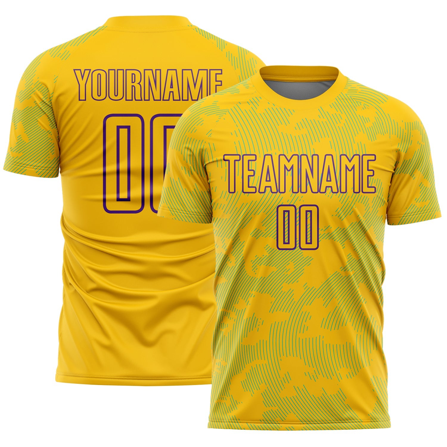 Custom Yellow Lakes Blue-Purple Curve Lines Sublimation Soccer Uniform Jersey - Main View