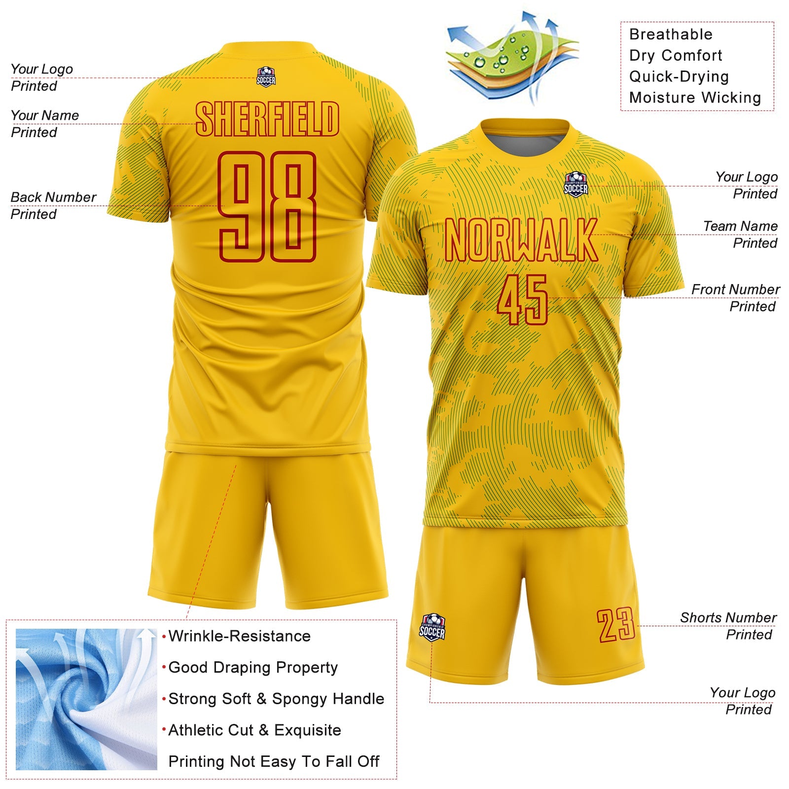 Custom Yellow Grass Green-Red Curve Lines Sublimation Soccer Uniform Jersey view 4