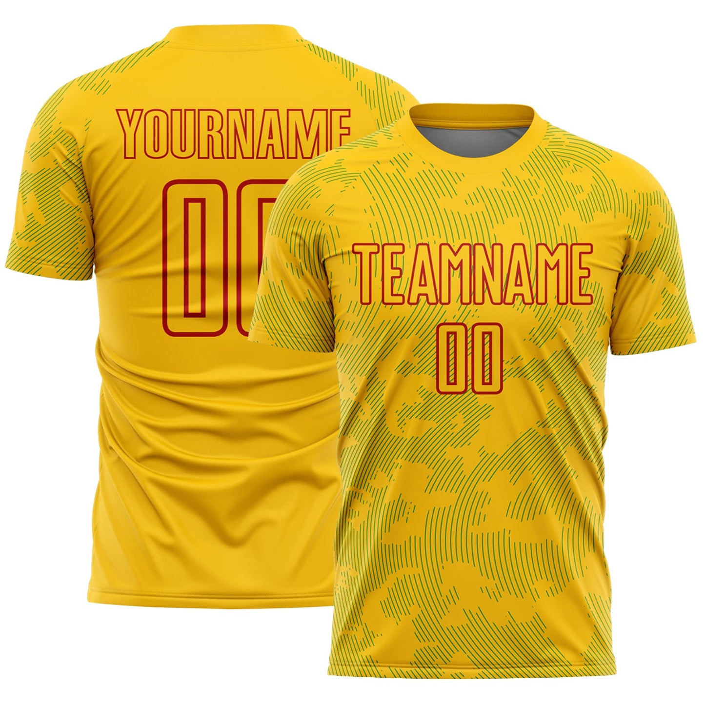 Custom Yellow Grass Green-Red Curve Lines Sublimation Soccer Uniform Jersey - Main View