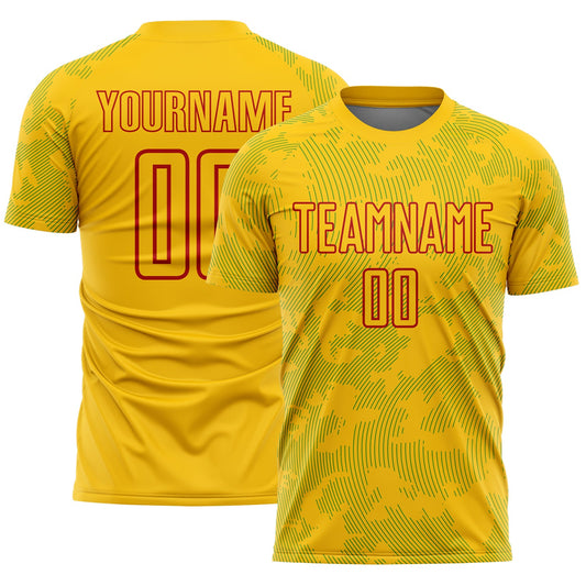 Custom Yellow Grass Green-Red Curve Lines Sublimation Soccer Uniform Jersey - Main View