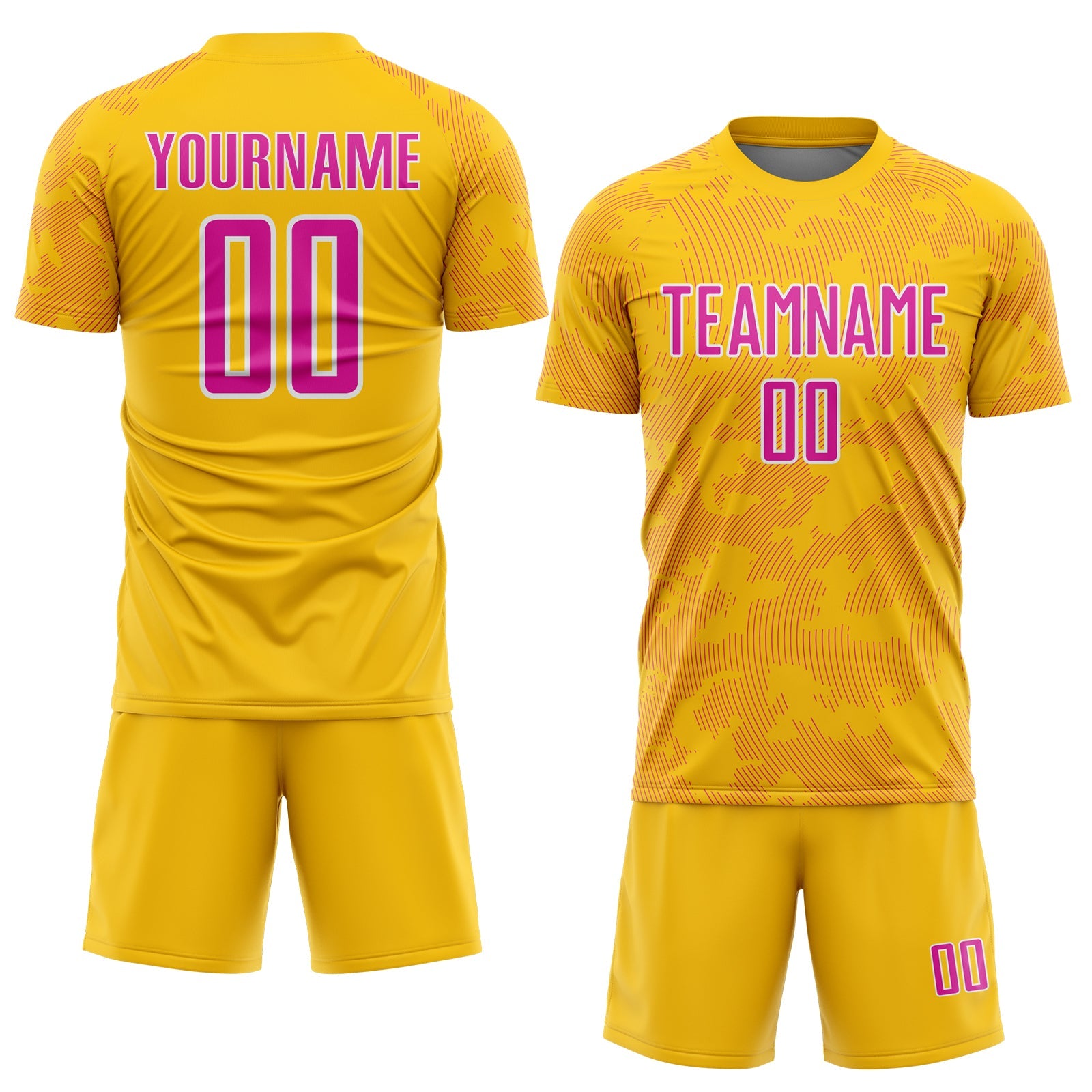 Custom Yellow Deep Pink-White Curve Lines Sublimation Soccer Uniform Jersey view 2
