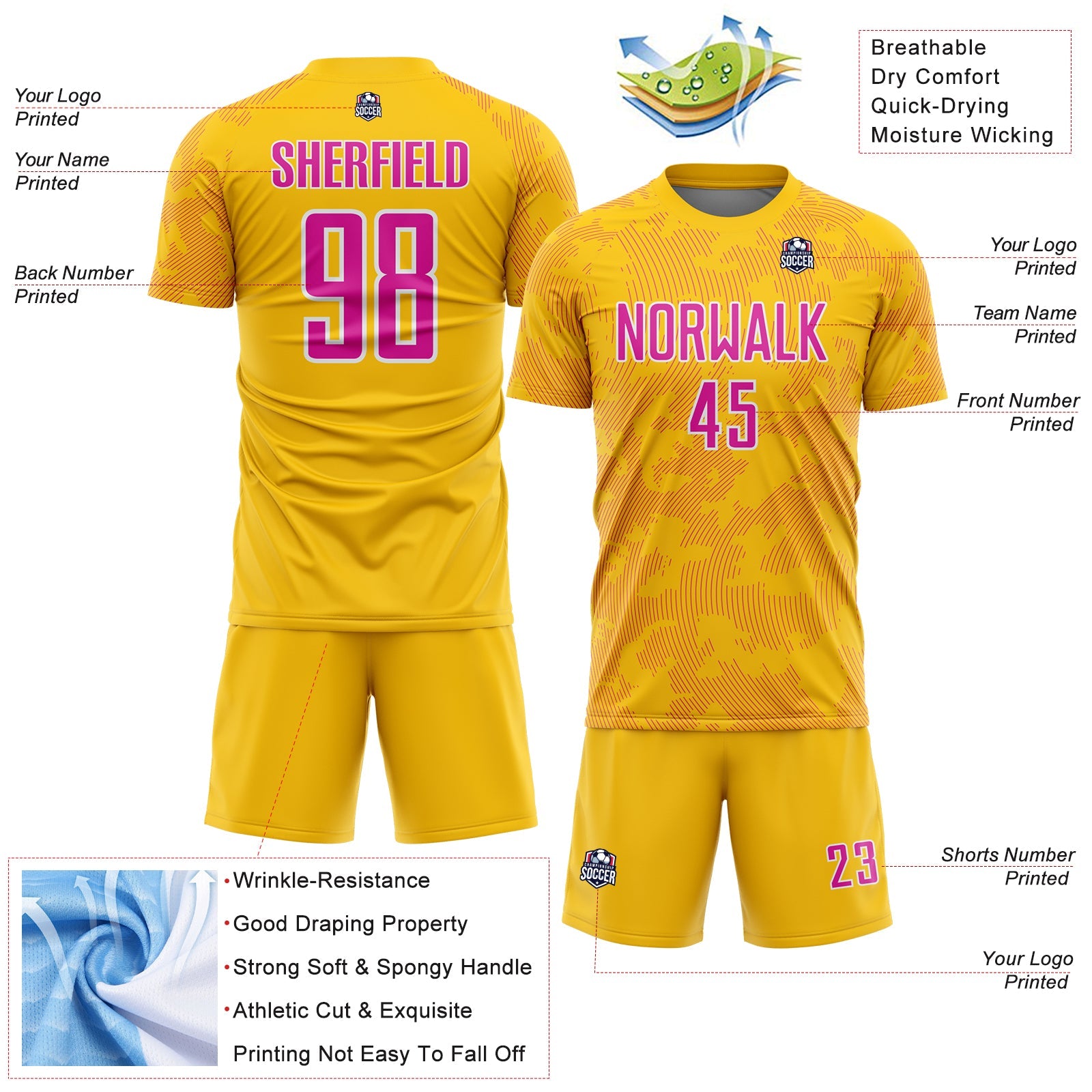 Custom Yellow Deep Pink-White Curve Lines Sublimation Soccer Uniform Jersey view 4