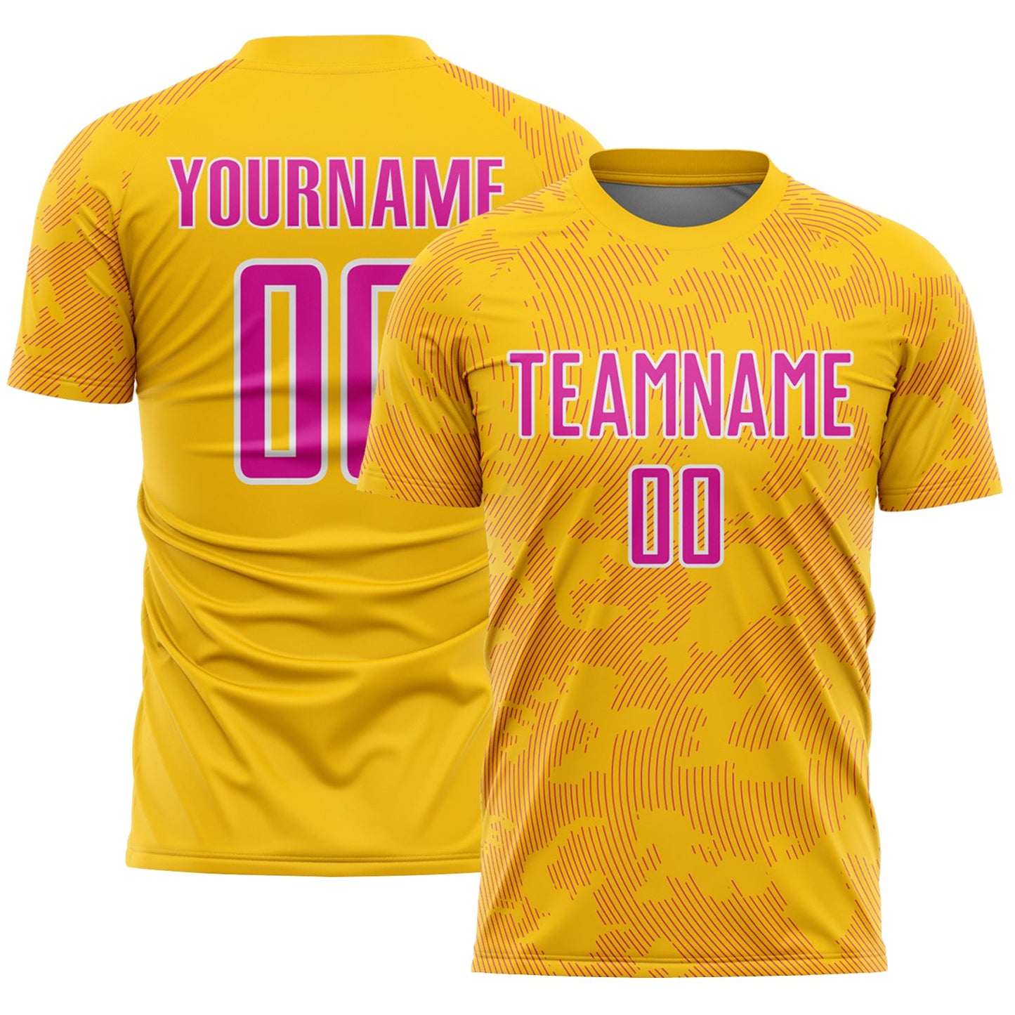 Custom Yellow Deep Pink-White Curve Lines Sublimation Soccer Uniform Jersey - Main View