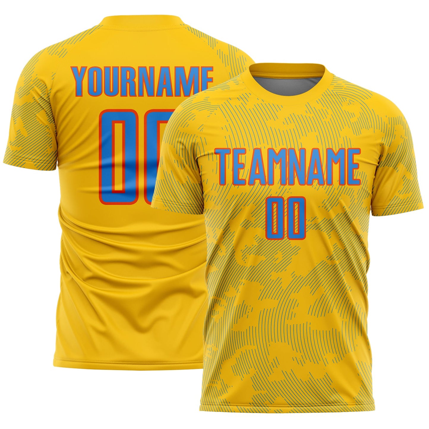 Custom Yellow Powder Blue-Orange Curve Lines Sublimation Soccer Uniform Jersey - Main View