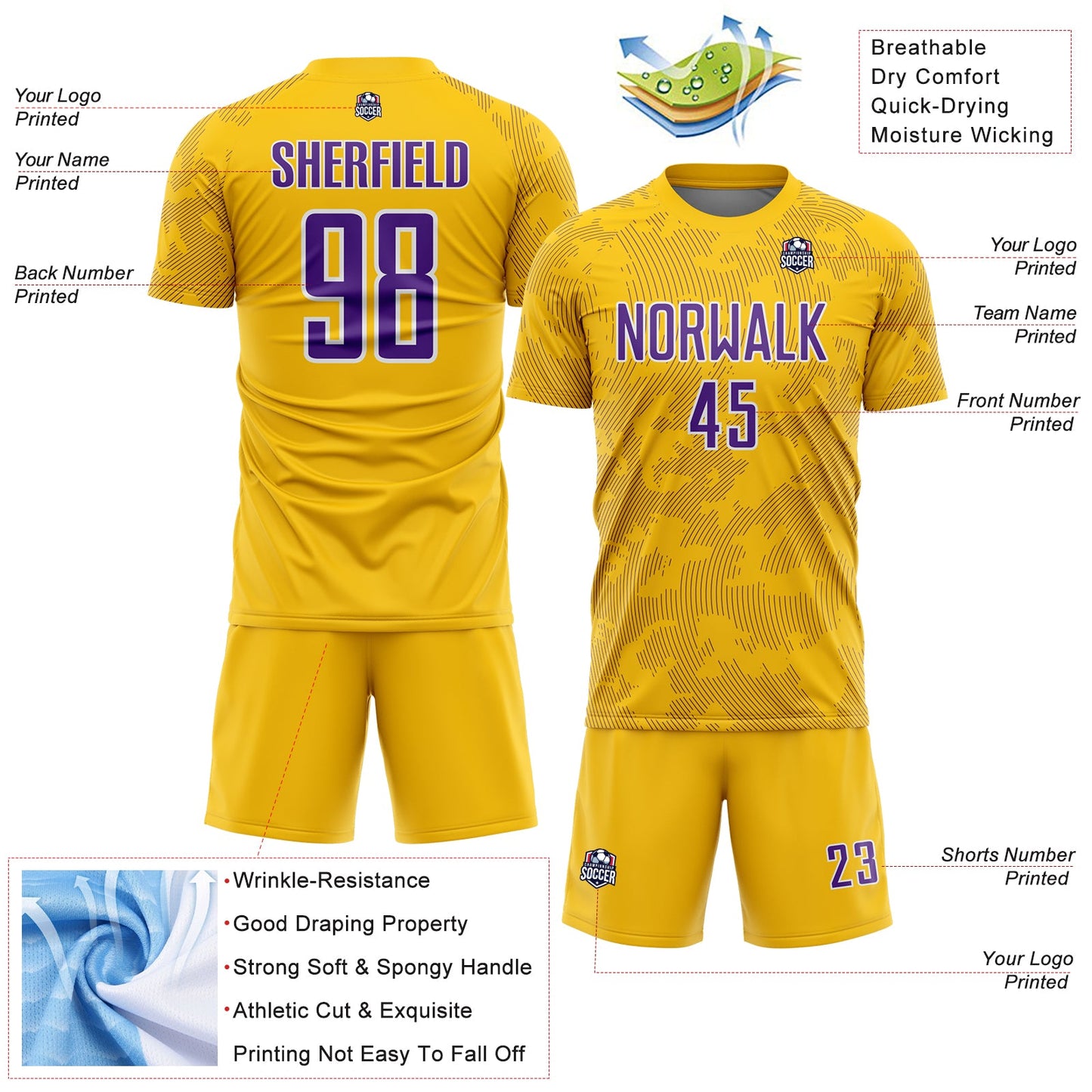 Custom Yellow Purple-White Curve Lines Sublimation Soccer Uniform Jersey view 4