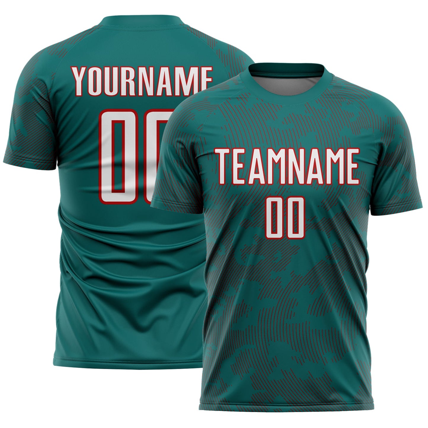 Custom Teal White-Red Curve Lines Sublimation Soccer Uniform Jersey - Main View