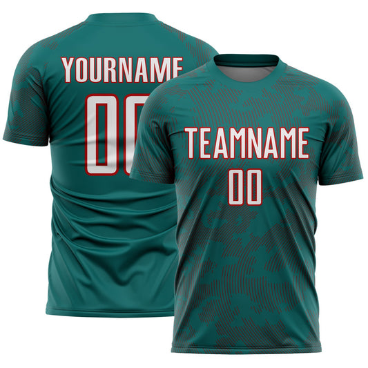 Custom Teal White-Red Curve Lines Sublimation Soccer Uniform Jersey - Main View