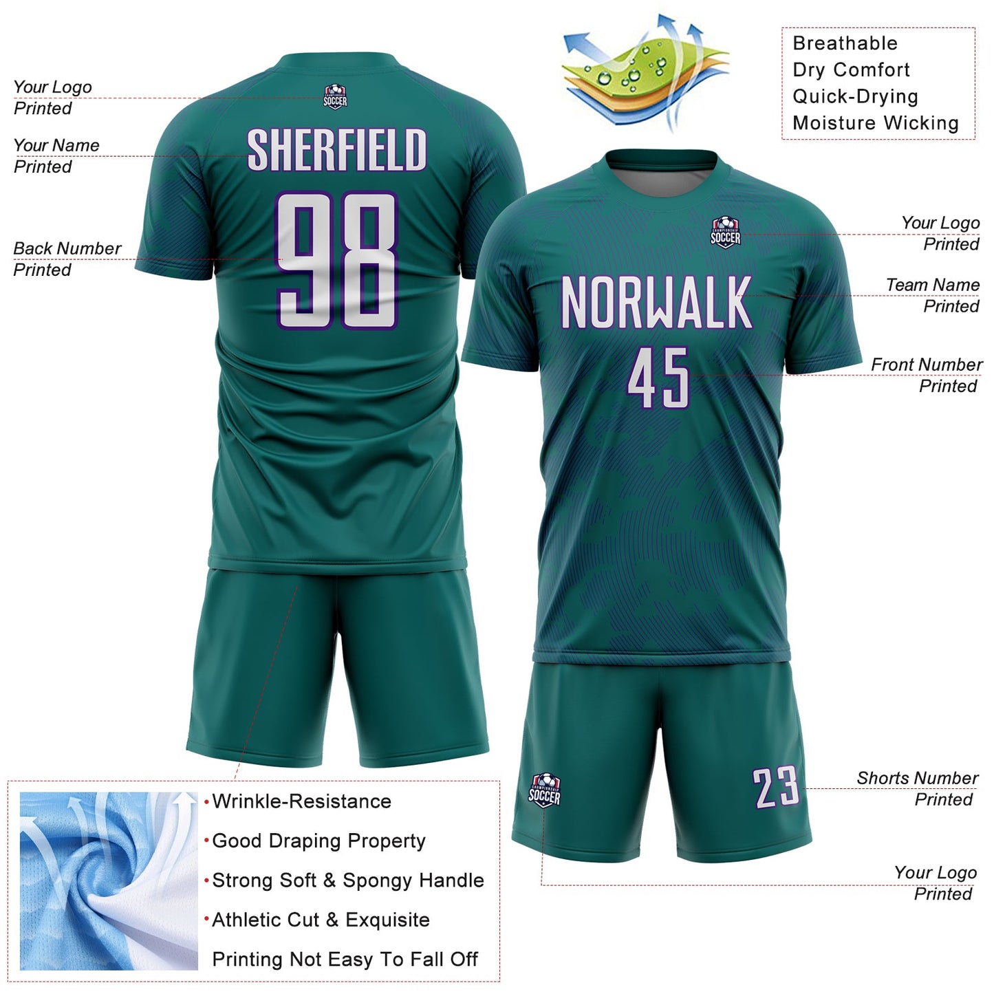 Custom Teal White-Purple Curve Lines Sublimation Soccer Uniform Jersey view 4