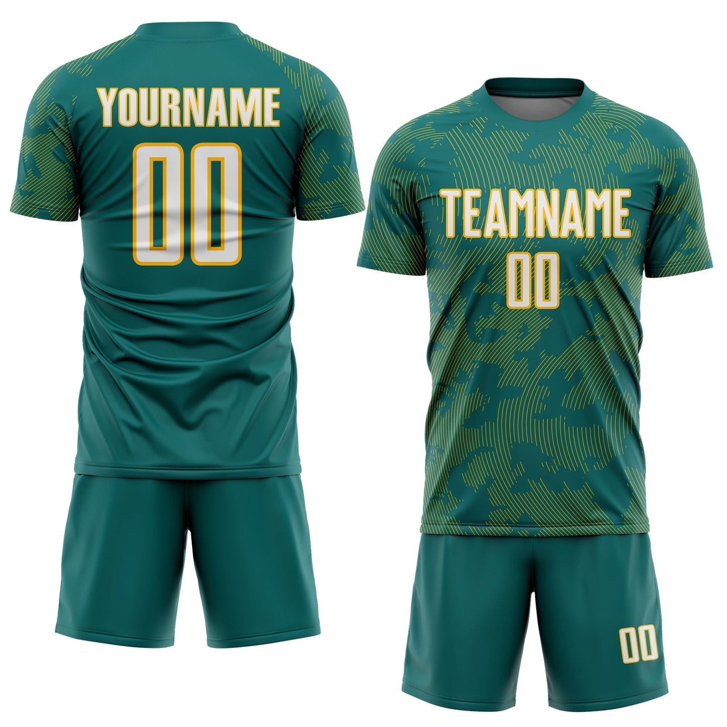 Custom Teal White-Gold Curve Lines Sublimation Soccer Uniform Jersey view 2