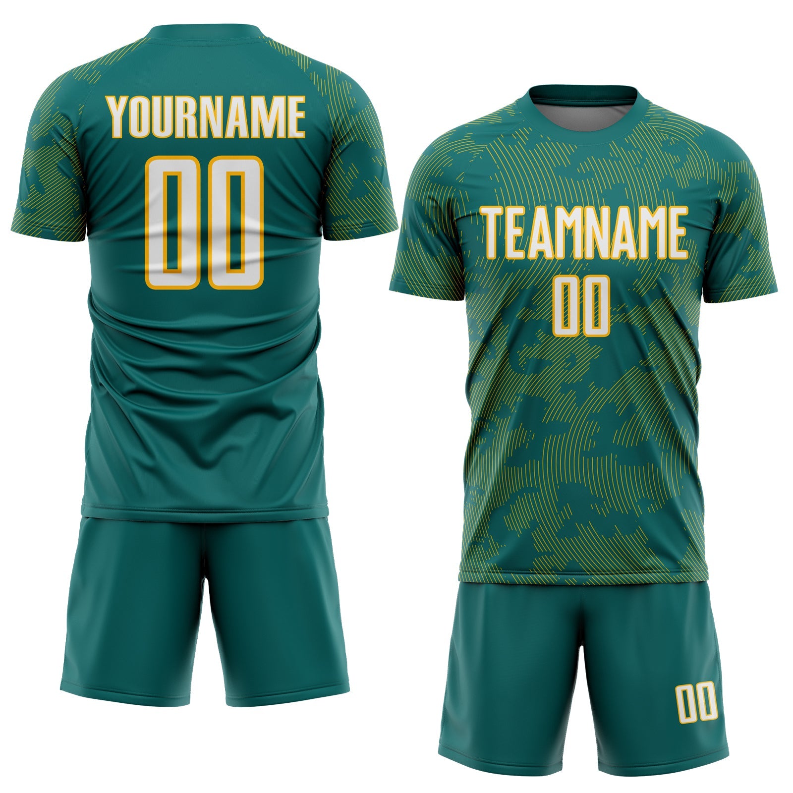 Custom Teal White-Gold Curve Lines Sublimation Soccer Uniform Jersey view 2