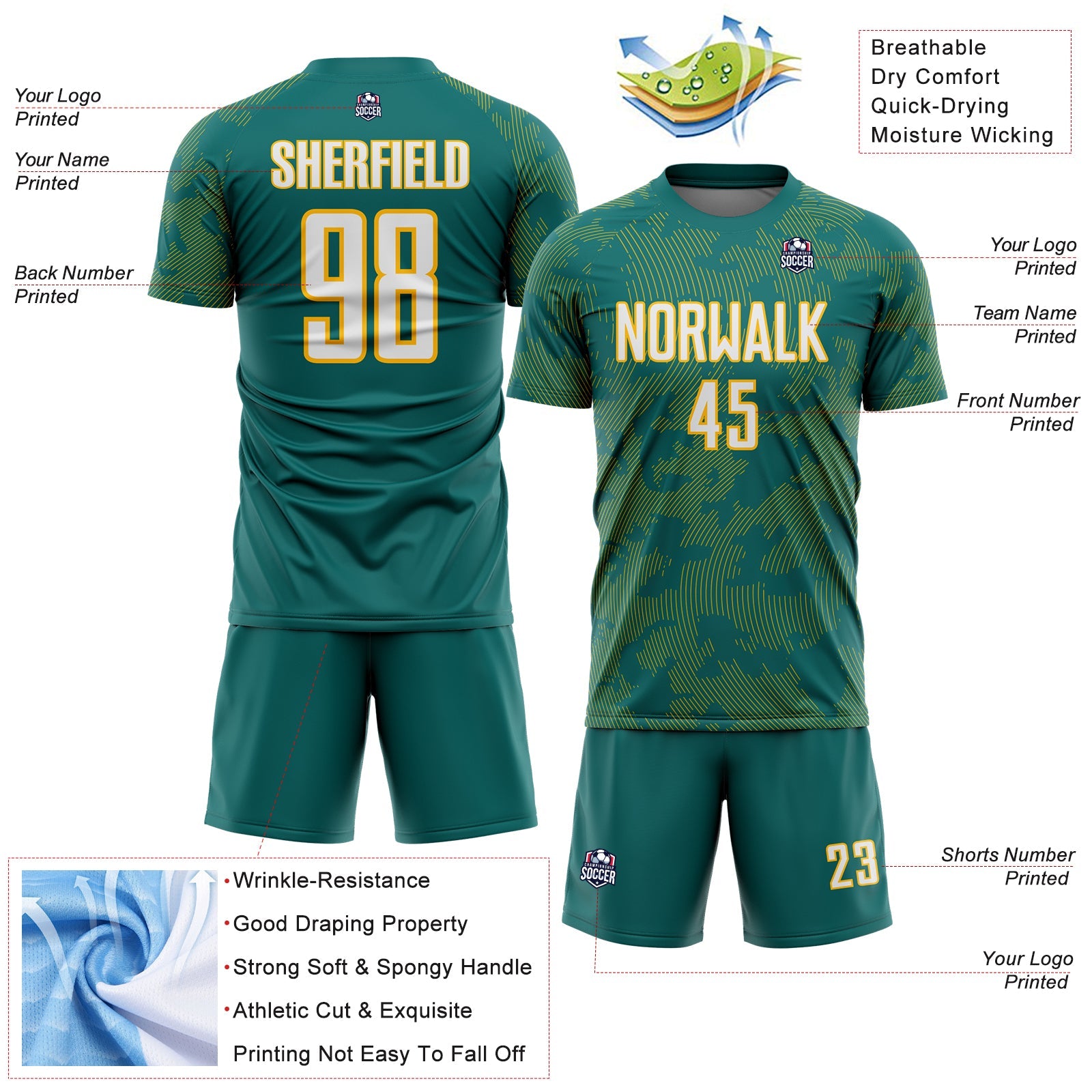 Custom Teal White-Gold Curve Lines Sublimation Soccer Uniform Jersey view 4