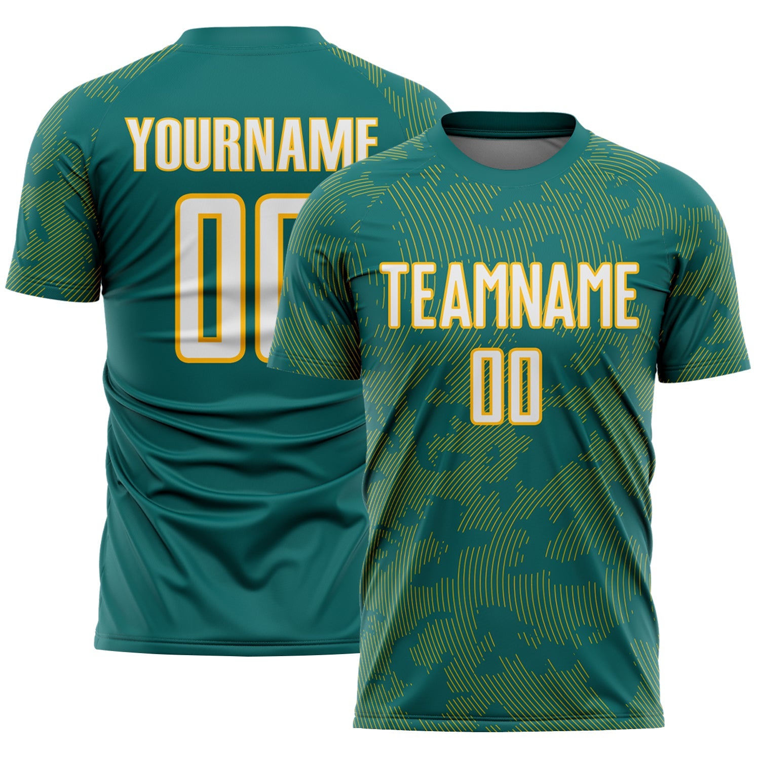 Custom Teal White-Gold Curve Lines Sublimation Soccer Uniform Jersey - Main View